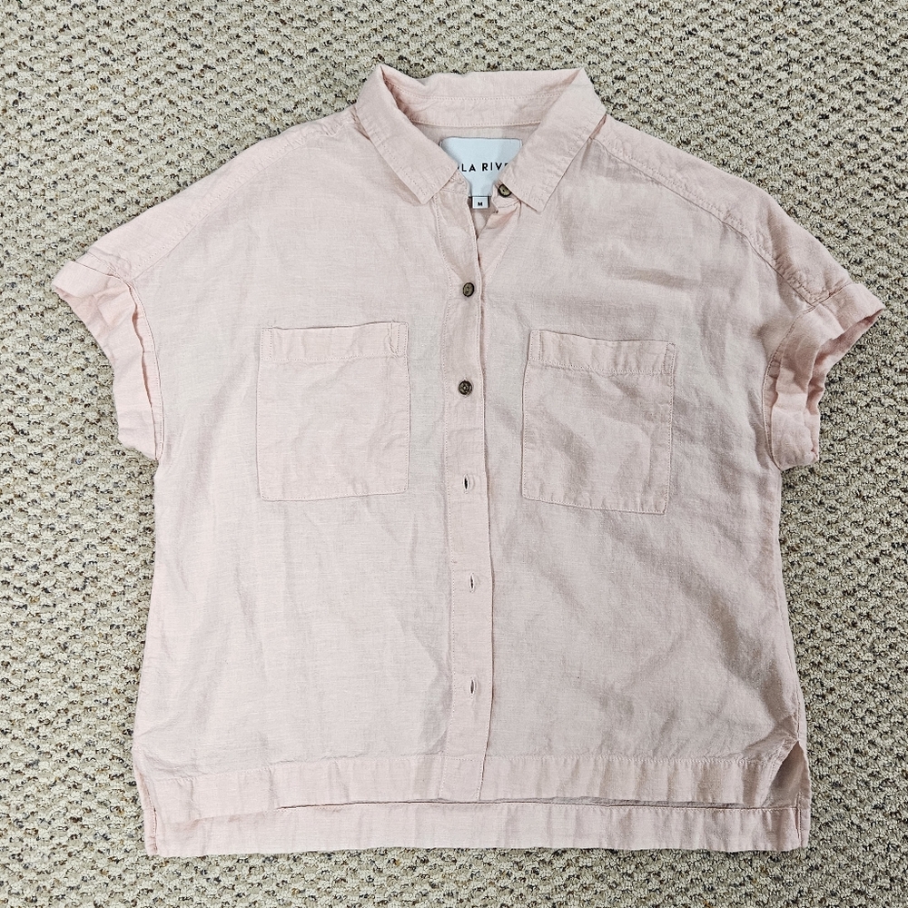 LOLA RIVER Pink Boxy Linen‎ Blend Button Up Top Size Medium